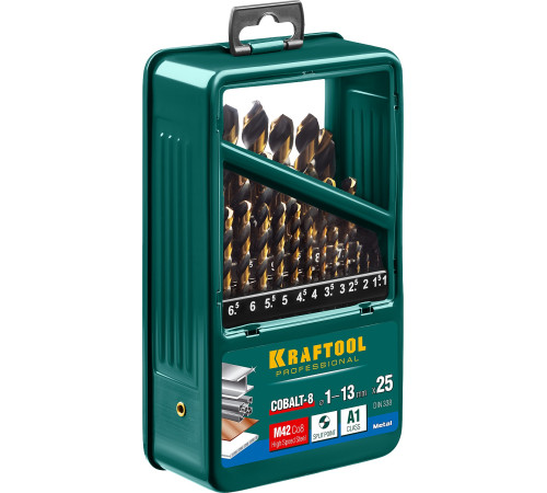 KRAFTOOL COBALT-8, 25 шт, (1-13 мм), сталь М42, HSS-Co(8%), набор сверл по металлу (29656-H25) купить в Сочи KRAFTOOL COBALT-8, 25 шт, (1-13 мм), сталь М42, HSS-Co(8%), набор сверл по металлу (29656-H25) купить в Сочи