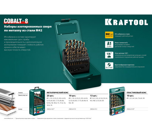 KRAFTOOL COBALT-8, 25 шт, (1-13 мм), сталь М42, HSS-Co(8%), набор сверл по металлу (29656-H25) купить в Сочи KRAFTOOL COBALT-8, 25 шт, (1-13 мм), сталь М42, HSS-Co(8%), набор сверл по металлу (29656-H25) купить в Сочи