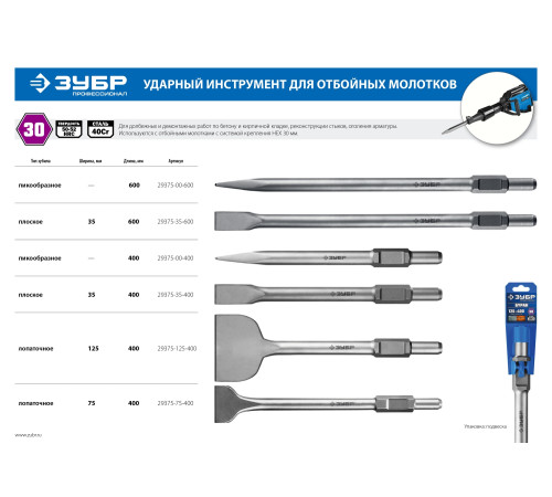 ЗУБР БУРАН, 400 мм, HEX 30, пикообразное зубило (29375-00-400) купить  в Сочи