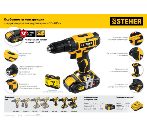 STEHER V1, 20 В, 40 Н·м, без АКБ, дрель-шуруповерт (CD-200) купить  в Сочи