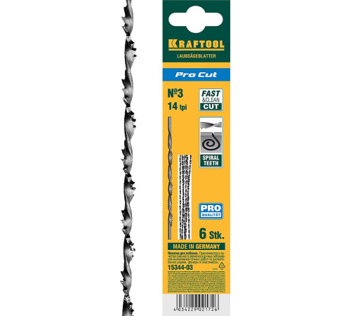 KRAFTOOL Pro Cut, 130 мм, 6 шт, спиральные полотна для лобзика (15344-03) для выполнения точных работ по распили-ванию дерева, фанеры и пластмассы KRAFTOOL Pro Cut, 130 мм, 6 шт, спиральные полотна для лобзика (15344-03) для выполнения точных работ по распили-ванию дерева, фанеры и пластмассы