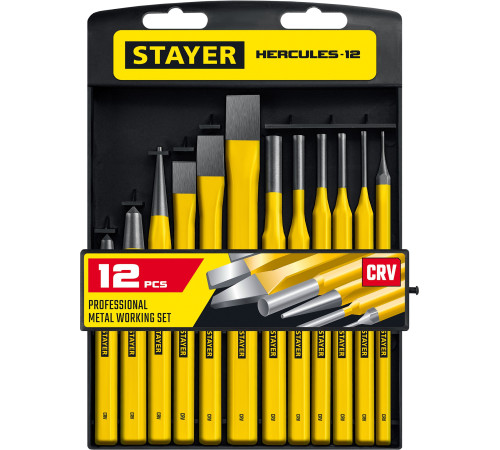 STAYER Hercules, 12 предметов, набор зубил и кернеров в пластиковом держателе, Professional (21077-H12) купить  в Сочи