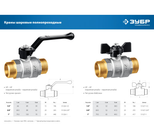 ЗУБР d 1″, ручка-рычаг, ″папа-папа″, полнопроходной шаровой кран (51326-1) купить  в Сочи