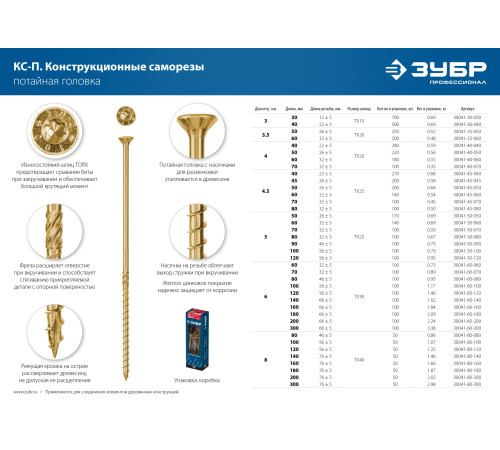 ЗУБР КС-П, 120 х 8.0 мм, TX40, потайная головка, желтый цинк, 50 шт, конструкционный саморез, Профессионал (30041-80-120) купить  в Сочи