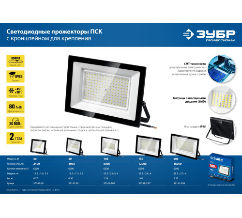 ЗУБР ПСК-100, 100 Вт, 6500 К, IP 65, светодиодный прожектор, Профессионал (57141-100) купить  в Сочи