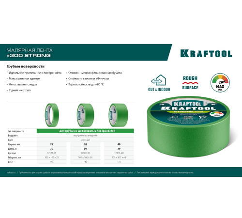 KRAFTOOL #300 Strong 38 мм х 30 м, для грубых и шероховатых поверхностей, малярная лента (12103-38) купить  в Сочи