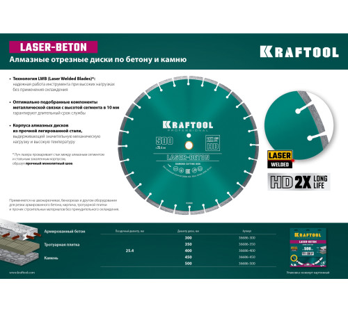 KRAFTOOL LASER-BETON 350 мм (25.4/20 мм, 10х3.2 мм), алмазный диск (36686-350) купить в Сочи KRAFTOOL LASER-BETON 350 мм (25.4/20 мм, 10х3.2 мм), алмазный диск (36686-350) купить в Сочи