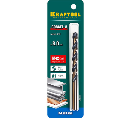 KRAFTOOL COBALT-8, 8.0 х 117 мм, сталь М42, HSS-Co(8%), сверло по металлу (29656-8) купить в Сочи KRAFTOOL COBALT-8, 8.0 х 117 мм, сталь М42, HSS-Co(8%), сверло по металлу (29656-8) купить в Сочи