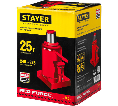 STAYER RED FORCE, 25 т, 240 - 375 мм, бутылочный гидравлический домкрат, Professional (43160-25) купить в Сочи STAYER RED FORCE, 25 т, 240 - 375 мм, бутылочный гидравлический домкрат, Professional (43160-25) купить в Сочи