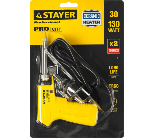 STAYER PROTerm, 30 Вт + 130 Вт, 2 в 1, конус, керамический нагреватель, электропаяльник с пистолетной рукояткой, Professional (55308-130) купить  в Сочи