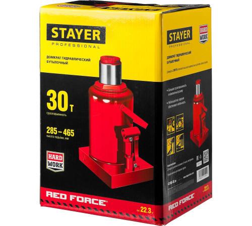 STAYER RED FORCE, 30 т, 285 - 465 мм, бутылочный гидравлический домкрат, Professional (43160-30) купить в Сочи STAYER RED FORCE, 30 т, 285 - 465 мм, бутылочный гидравлический домкрат, Professional (43160-30) купить в Сочи