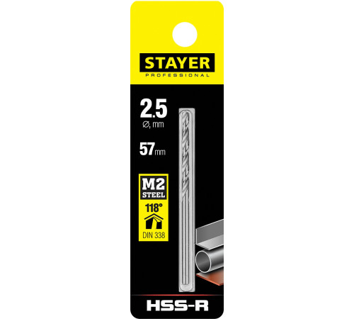 STAYER HSS-R, 2.5 х 57 мм, быстрорежущая сталь P6M5, сверло по металлу, Professional (29602-2.5) купить в Сочи STAYER HSS-R, 2.5 х 57 мм, быстрорежущая сталь P6M5, сверло по металлу, Professional (29602-2.5) купить в Сочи