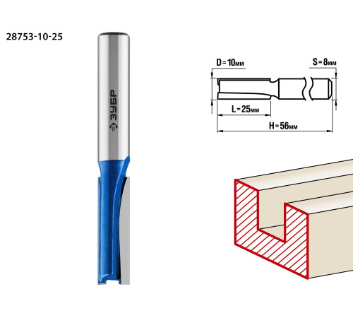 ЗУБР 10 x 25 мм, хвостовик 8 мм, фреза пазовая прямая, Профессионал (28753-10-25) купить  в Сочи