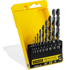 STAYER HSS-R, 10 шт, (1-10 мм), быстрорежущая сталь P6M5, класс В, набор сверл по металлу, Professional (29602-H10)