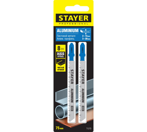 STAYER T127D, T-хвост., HSS сталь, по мягкому металлу толщиной 2-15 мм, шаг зуба 3 мм (8TPI), раб. длина 75 мм, 2 шт, полотна для лобзика (159952-3) купить в Сочи STAYER T127D, T-хвост., HSS сталь, по мягкому металлу толщиной 2-15 мм, шаг зуба 3 мм (8TPI), раб. длина 75 мм, 2 шт, полотна для лобзика (159952-3) купить в Сочи