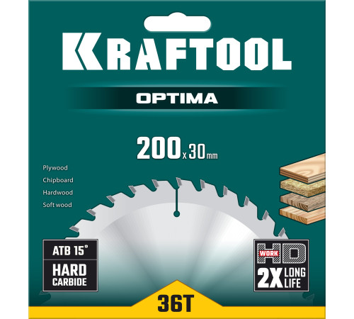 KRAFTOOL Optima, 200 х 30 мм, 36Т, пильный диск по дереву (36951-200-30) купить  в Сочи