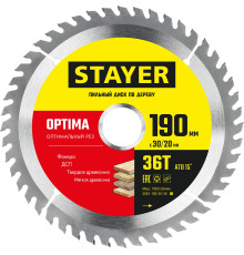 STAYER Optima, 190 x 30/20 мм, 36Т, оптимальный рез, пильный диск по дереву (3681-190-30-36)