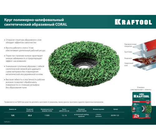 KRAFTOOL 125 х 22.2 мм, круг полимерно-шлифовальный синтетический абразивный (36599-125) купить в Сочи KRAFTOOL 125 х 22.2 мм, круг полимерно-шлифовальный синтетический абразивный (36599-125) купить в Сочи