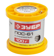 ЗУБР ПОС 61, 2 мм, 100 г, трубка с канифолью, припой (55450-100-20C)