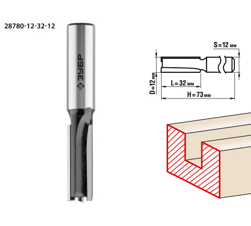 ЗУБР 12 x 32 мм, хвостовик 12 мм, фреза пазовая прямая, Профессионал (28780-12-32-12) купить  в Сочи
