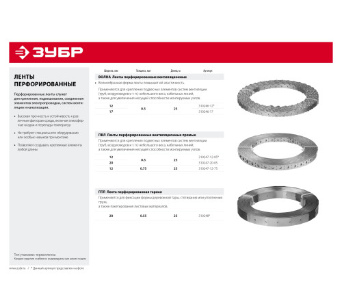 ЗУБР Волна, 12 x 0.5 мм, 25 м, цинк, перфорированная вентиляционная лента (310246-12) купить  в Сочи