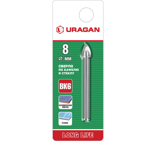 URAGAN 8 мм, 2х кромка, цилиндр хвостовик, Сверло по стеклу и кафелю (29830-08) купить  в Сочи