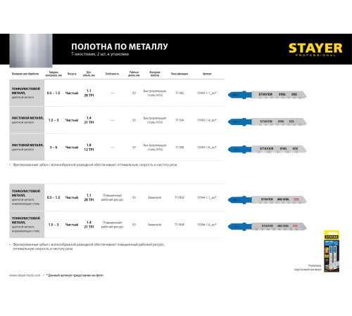 STAYER T118GF, T-хвост., Bi-Metal, по металлу 0.5-1.5 мм, шаг зуба 1.1 мм, раб. длина 50 мм, 2 шт, полотна для лобзика, Professional (15994-1.1) купить в Сочи STAYER T118GF, T-хвост., Bi-Metal, по металлу 0.5-1.5 мм, шаг зуба 1.1 мм, раб. длина 50 мм, 2 шт, полотна для лобзика, Professional (15994-1.1) купить в Сочи