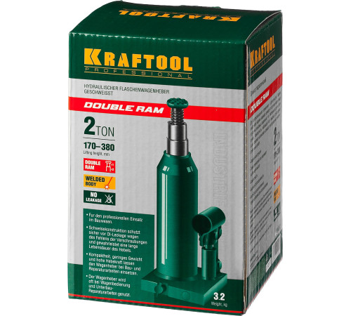 KRAFTOOL DOUBLE RAM, 2 т, 170 - 380 мм, с увеличенным подъемом, двухштоковый бутылочный домкрат (43463-2) купить в Сочи KRAFTOOL DOUBLE RAM, 2 т, 170 - 380 мм, с увеличенным подъемом, двухштоковый бутылочный домкрат (43463-2) купить в Сочи