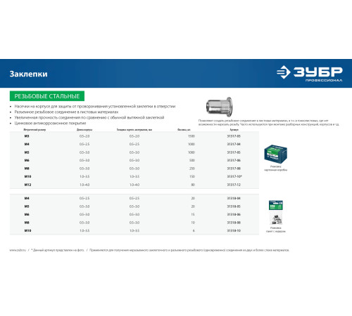 ЗУБР М4, станд. бортик, 1000 шт, стальные резьбовые заклепки с насечками, Профессионал (31317-04) купить  в Сочи