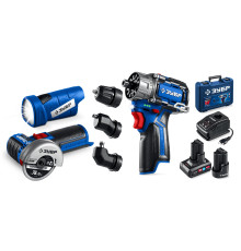 ЗУБР КОМБИ #5 набор: дрель-шуруповерт + мини УШМ + LED фонарь, BRUSHLESS, 12 В, 45 Н·м, 2 АКБ тип Т7 (4 и 2 А·ч), кейс, Профессионал (DB-125-42ABF)