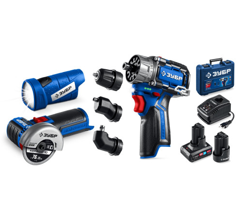ЗУБР КОМБИ #5 набор: дрель-шуруповерт + мини УШМ + LED фонарь, BRUSHLESS, 12 В, 45 Н·м, 2 АКБ тип Т7 (4 и 2 А·ч), кейс, Профессионал (DB-125-42ABF) купить  в Сочи