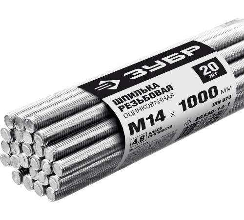 ЗУБР DIN 975, кл. пр. 4.8, М14 х 1000 мм, цинк, 20 шт, резьбовая шпилька (30330-14-1) купить  в Сочи