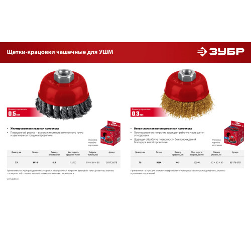 ЗУБР 75хМ14 щетка чашечная для УШМ, витая стальная латунированная проволока 0.3 мм, посад. М14 (35173-075) купить  в Сочи
