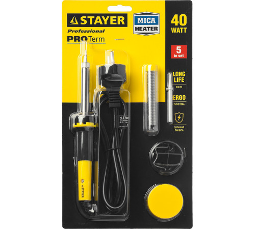 STAYER PROTerm, 40 Вт, с 2к рукояткой, конус, подставка + припой + сменное жало + канифоль, набор для паяльных работ, Professional (55312-40-H5) купить в Сочи STAYER PROTerm, 40 Вт, с 2к рукояткой, конус, подставка + припой + сменное жало + канифоль, набор для паяльных работ, Professional (55312-40-H5) купить в Сочи