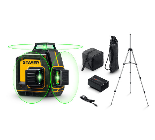 STAYER SL-3D #3, 50м, точн. +/-0,5 мм/м, зеленый лазерный нивелир, штатив (34963-3) для горизонтальной и вертикальной разметки