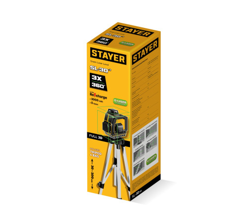 STAYER SL-3D #3, 50м, точн. +/-0,5 мм/м, зеленый лазерный нивелир, штатив (34963-3) для горизонтальной и вертикальной разметки