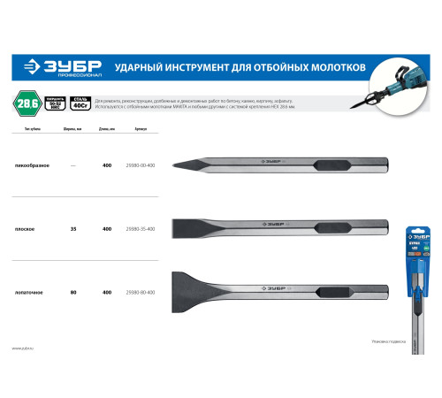 ЗУБР БУРАН, 400 мм, HEX 28, пикообразное зубило (29380-00-400) купить  в Сочи