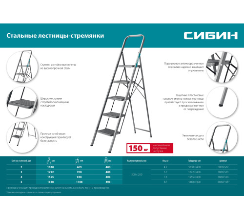 СИБИН 5 ступеней, 118 см, c широкими обрезиненными ступенями, стальная стремянка (38807-05) купить в Сочи СИБИН 5 ступеней, 118 см, c широкими обрезиненными ступенями, стальная стремянка (38807-05) купить в Сочи