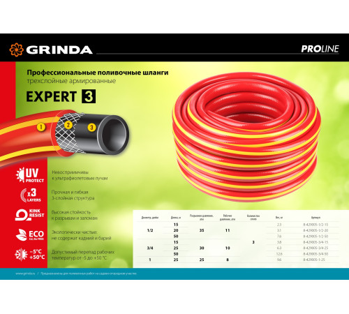 GRINDA EXPERT 3, 1/2″, 20 м, 35 атм, трёхслойный, армированный, поливочный шланг, PROLine (8-429005-1/2-20) купить в Сочи GRINDA EXPERT 3, 1/2″, 20 м, 35 атм, трёхслойный, армированный, поливочный шланг, PROLine (8-429005-1/2-20) купить в Сочи
