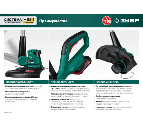 ЗУБР С1-18, 18 В, 25 см, 1 АКБ (2 А·ч), аккумуляторный триммер (ТА-185-21) купить  в Сочи