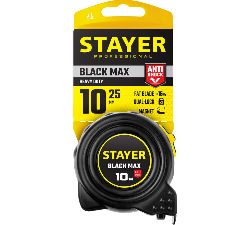 STAYER BlackMax, 10 м х 25 мм, рулетка с двумя фиксаторами, Professional (3410-010) купить  в Сочи