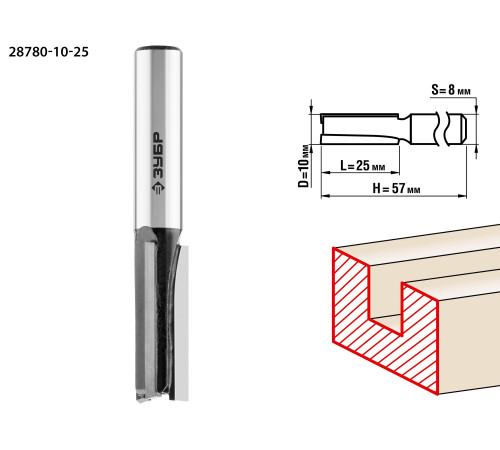ЗУБР 10 x 25 мм, хвостовик 8 мм, фреза пазовая прямая, Профессионал (28780-10-25) купить  в Сочи
