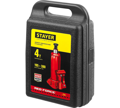 STAYER RED FORCE, в кейсе, 4 т, 195 - 380 мм, бутылочный гидравлический домкрат, Professional (43160-4-K) купить в Сочи STAYER RED FORCE, в кейсе, 4 т, 195 - 380 мм, бутылочный гидравлический домкрат, Professional (43160-4-K) купить в Сочи