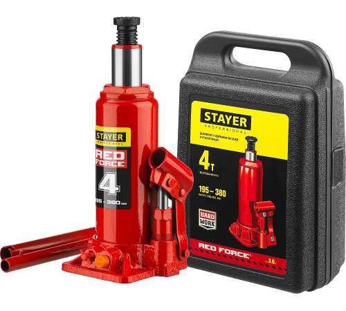 STAYER RED FORCE, в кейсе, 4 т, 195 - 380 мм, бутылочный гидравлический домкрат, Professional (43160-4-K) купить в Сочи STAYER RED FORCE, в кейсе, 4 т, 195 - 380 мм, бутылочный гидравлический домкрат, Professional (43160-4-K) купить в Сочи