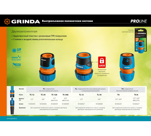 GRINDA TL-12, 1/2″, с запирающим механизмом, пластиковый с TPR, для шланга, быстросъемный соединитель, PROLine (8-426427) купить  в Сочи