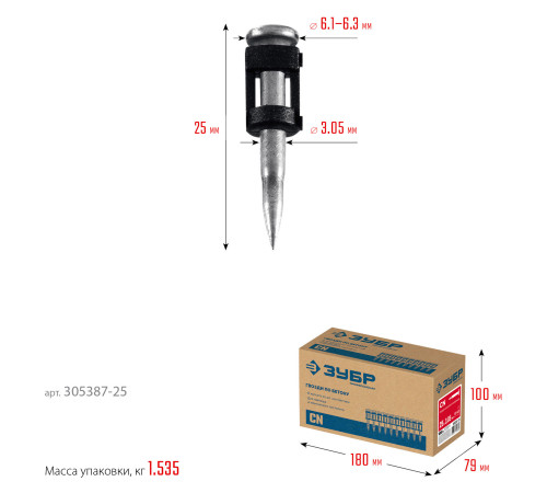 ЗУБР CN усиленные 25 х 3.05 мм, гвозди по бетону оцинкованные, 1000 шт (305387-25) купить  в Сочи