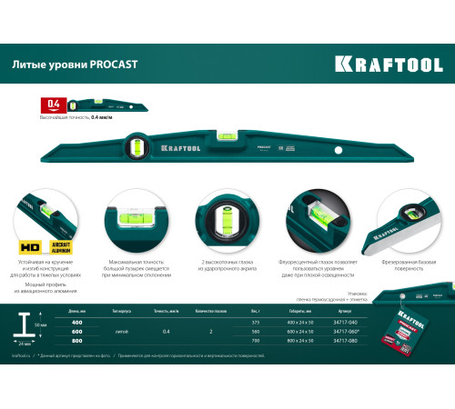 KRAFTOOL PROCAST, 600 мм, литой уровень (34717-060) купить  в Сочи