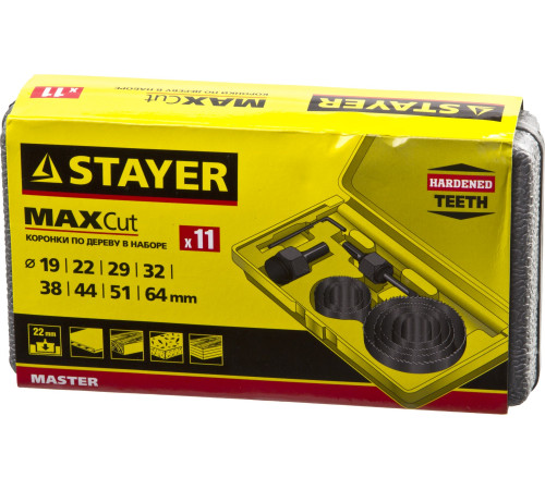 STAYER Maxcut, 9 шт, 19-64 мм, набор кольцевых коронок по дереву (29600-H11) купить  в Сочи