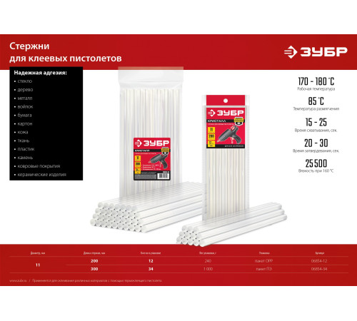 ЗУБР 11 х 300 мм, 34 шт, прозрачные универсальные клеевые стержни (06854-34) купить  в Сочи
