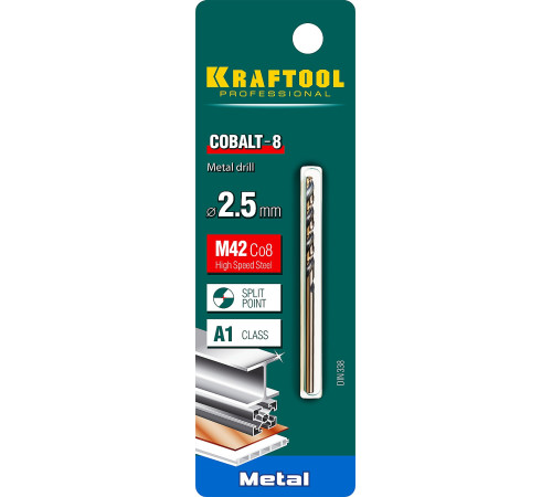 KRAFTOOL COBALT-8, 2.5 х 57 мм, сталь М42, HSS-Co(8%), сверло по металлу (29656-2.5) купить в Сочи KRAFTOOL COBALT-8, 2.5 х 57 мм, сталь М42, HSS-Co(8%), сверло по металлу (29656-2.5) купить в Сочи